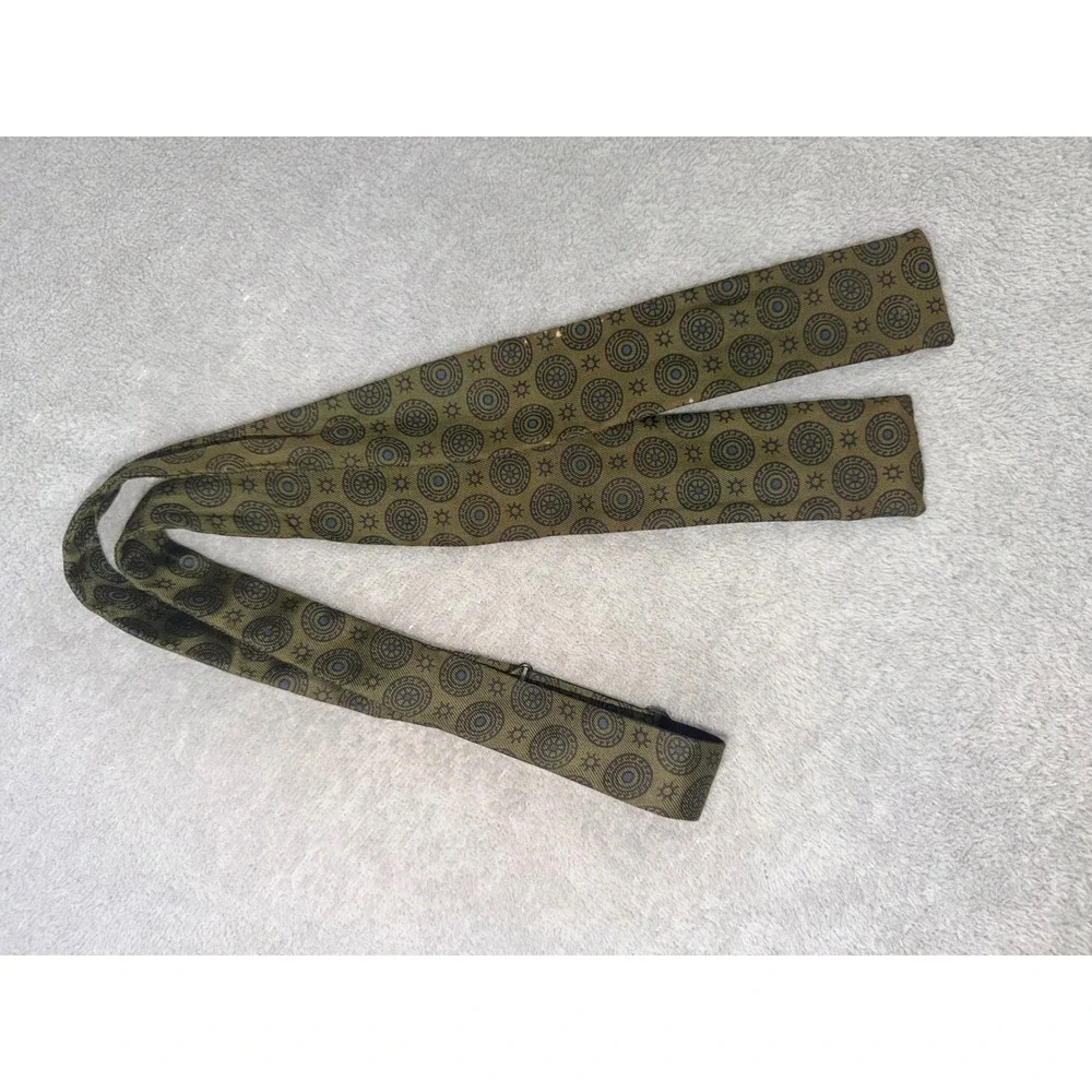 Vintage Olive Green Navy Blue Medallion 100% Silk Self Tie Bow Tie Adjustable